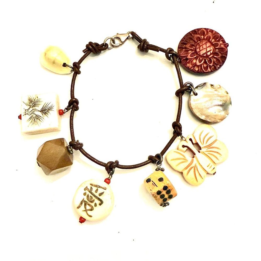 Boho Charm Bracelet of Shell, Stones and Wood on Chocolate Cord
